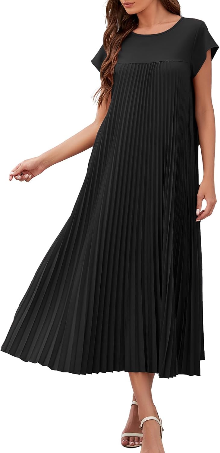 Vestaglia Lunga Donna Ginny – Plissettata, Collo Tondo &amp; Tasche, Taglio Fluido, Estate Elegante