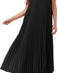Vestaglia Lunga Donna Ginny – Plissettata, Collo Tondo & Tasche, Taglio Fluido, Estate Elegante