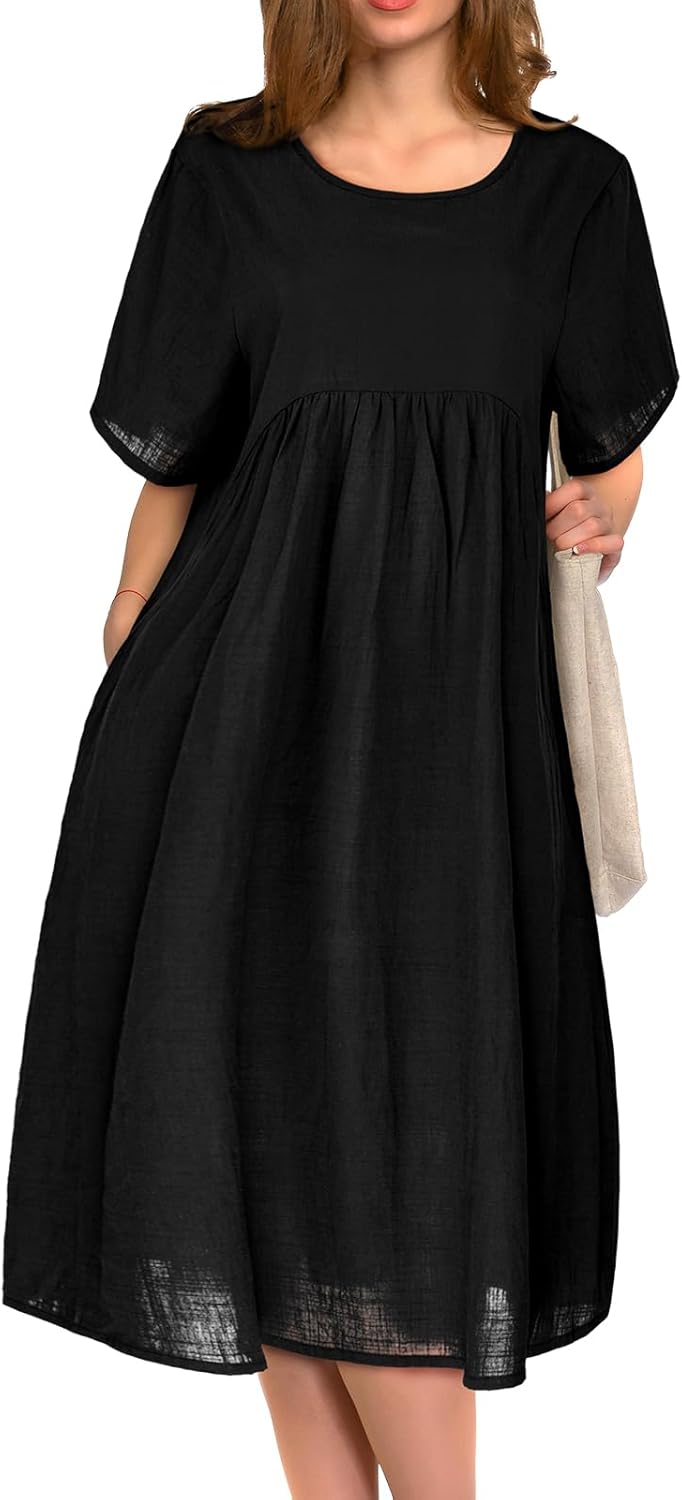 Sophie Abito Midi Donna – Abito Cotone Taglia Grande Collo Tondo con Tasche Estate