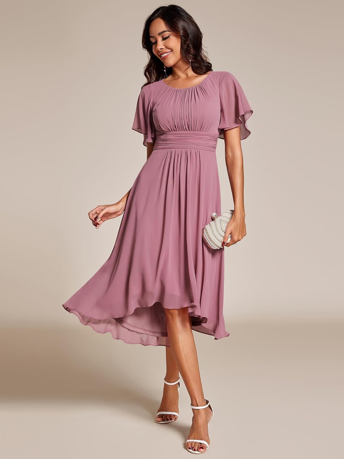 Sophie Abito Donna Midi – Abito in Mussola con Collo Tondo e Vita Plissettata Elegante per Matrimonio