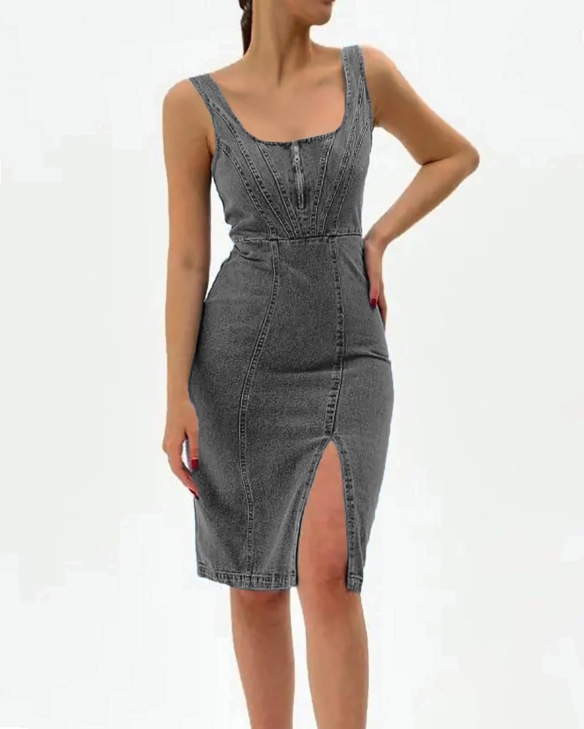 Vestito Sofia in Jeans Midi Donna – Vestito in Denim Attillato con Spacco e Spalline Regolabili