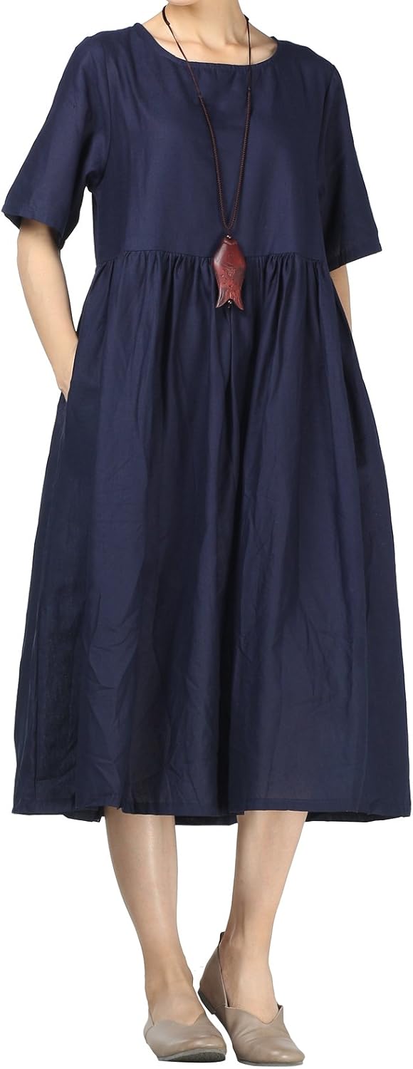 Camélia Abito Lungo in Lino Donna – Abito Bohemien Ampio con Maniche Corte e Tasche