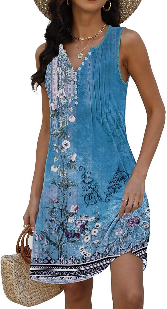Lucie Abito Donna – Abito Bohemien Fiorito Scollo a V Senza Maniche A-Line Midi Estate