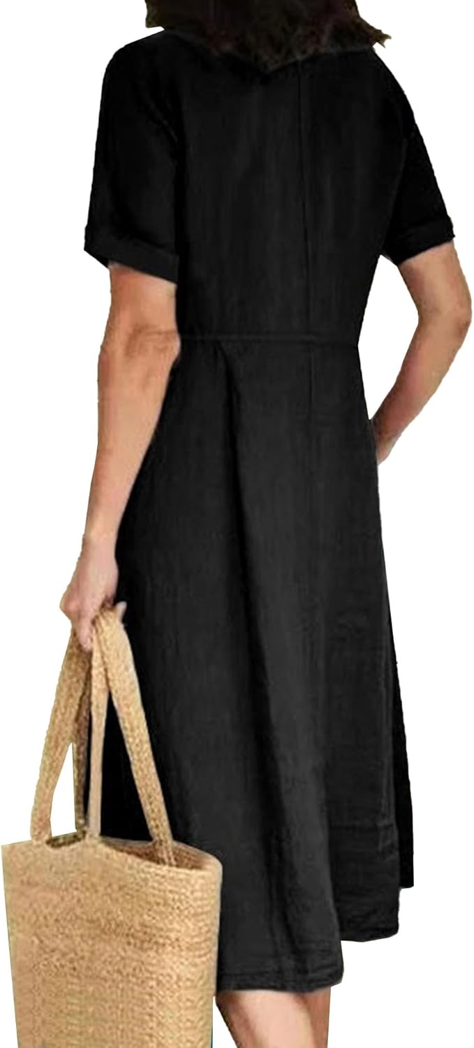 Vestito lungo da donna Glaiza in lino – Scollo a V, con bottoni, maniche corte, taglia grande, estate