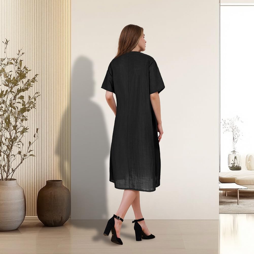 Sophie Abito Midi Donna – Abito Cotone Taglia Grande Collo Tondo con Tasche Estate