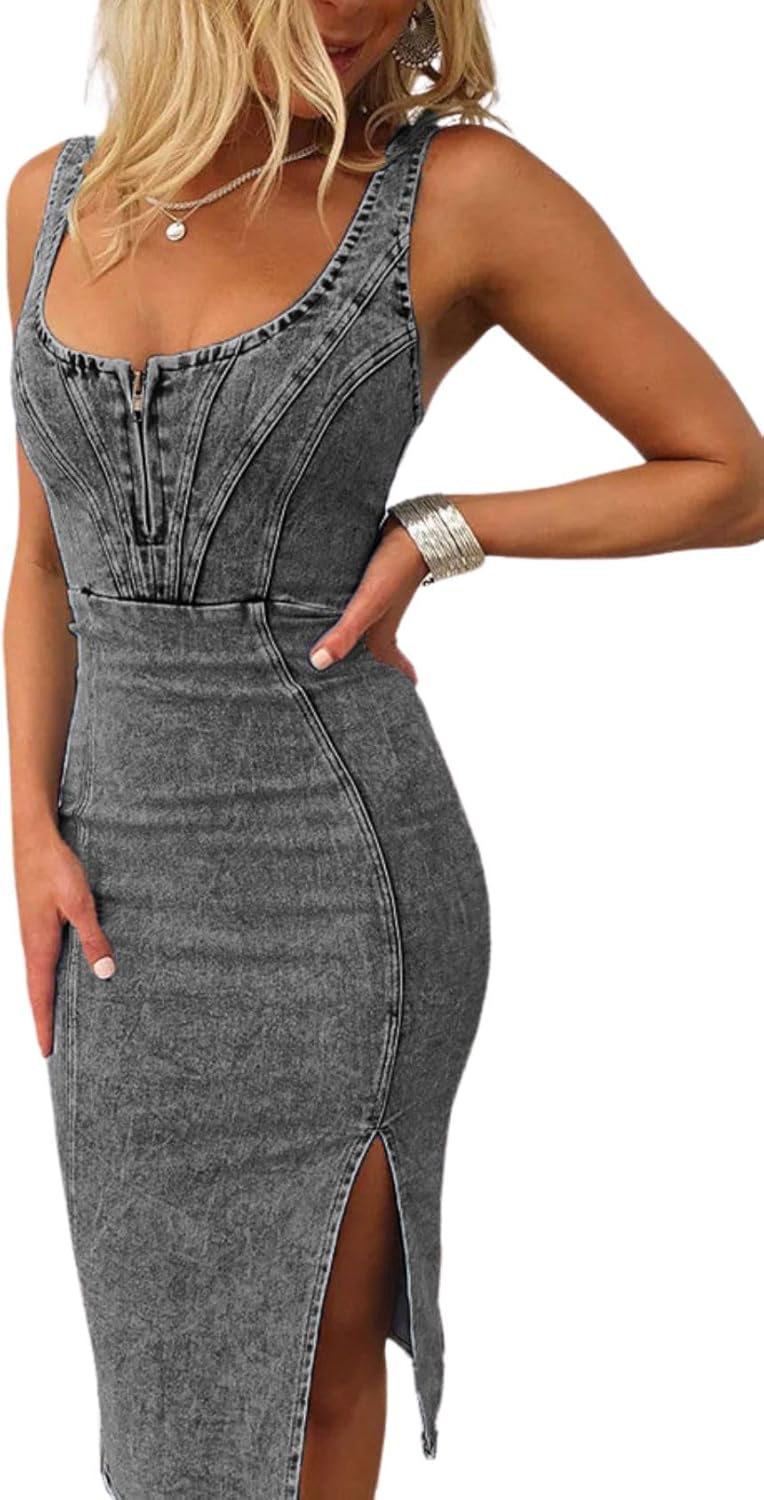 Vestito Sofia in Jeans Midi Donna – Vestito in Denim Attillato con Spacco e Spalline Regolabili