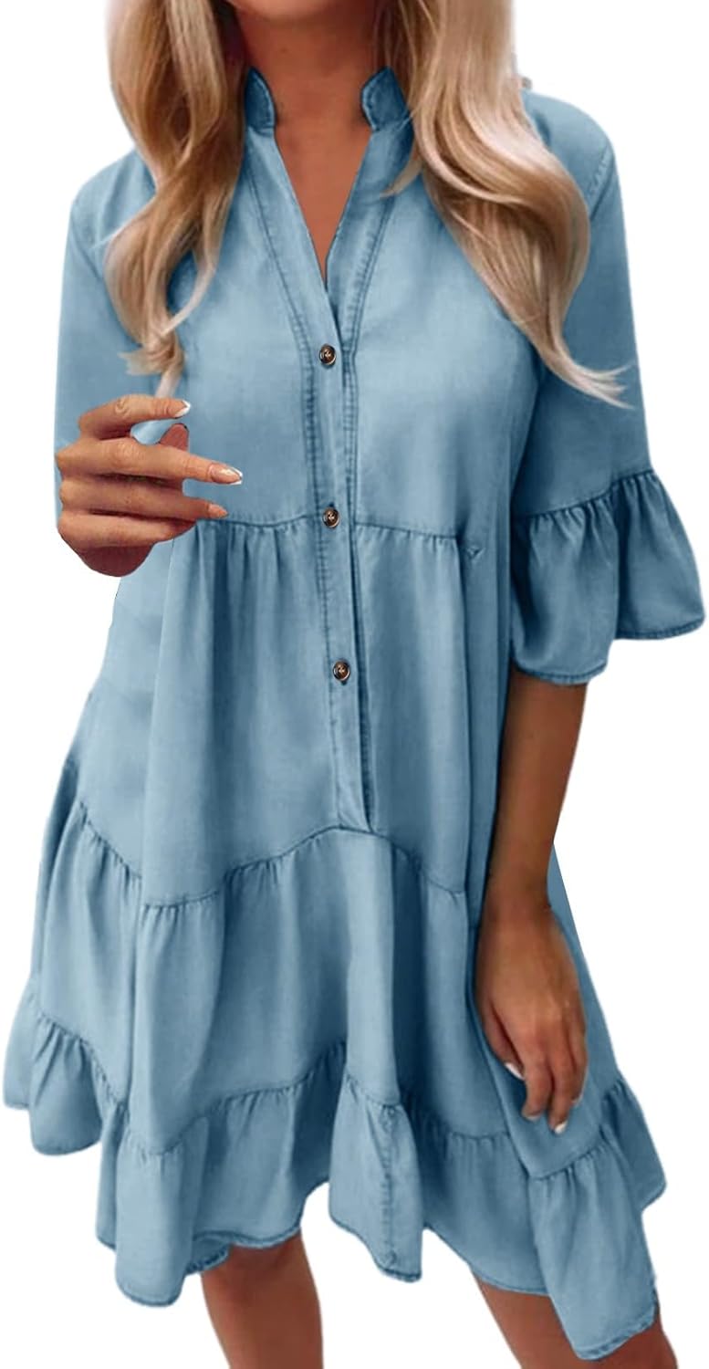 Sophie Vestito Camicia Bohemien Donna – Vestito Corto Fluido con Scollo a V e Maniche Corte