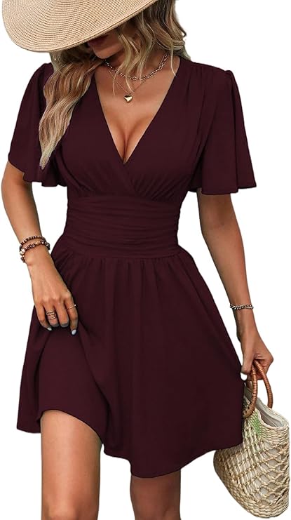 Abito da Donna Gala – Scollo a V, Maniche a Farfalla & Taglio A-Line con Vita Elastico Estate