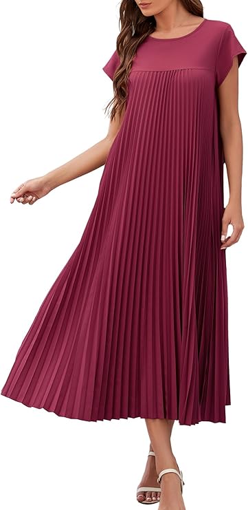 Vestaglia Lunga Donna Ginny – Plissettata, Collo Tondo &amp; Tasche, Taglio Fluido, Estate Elegante