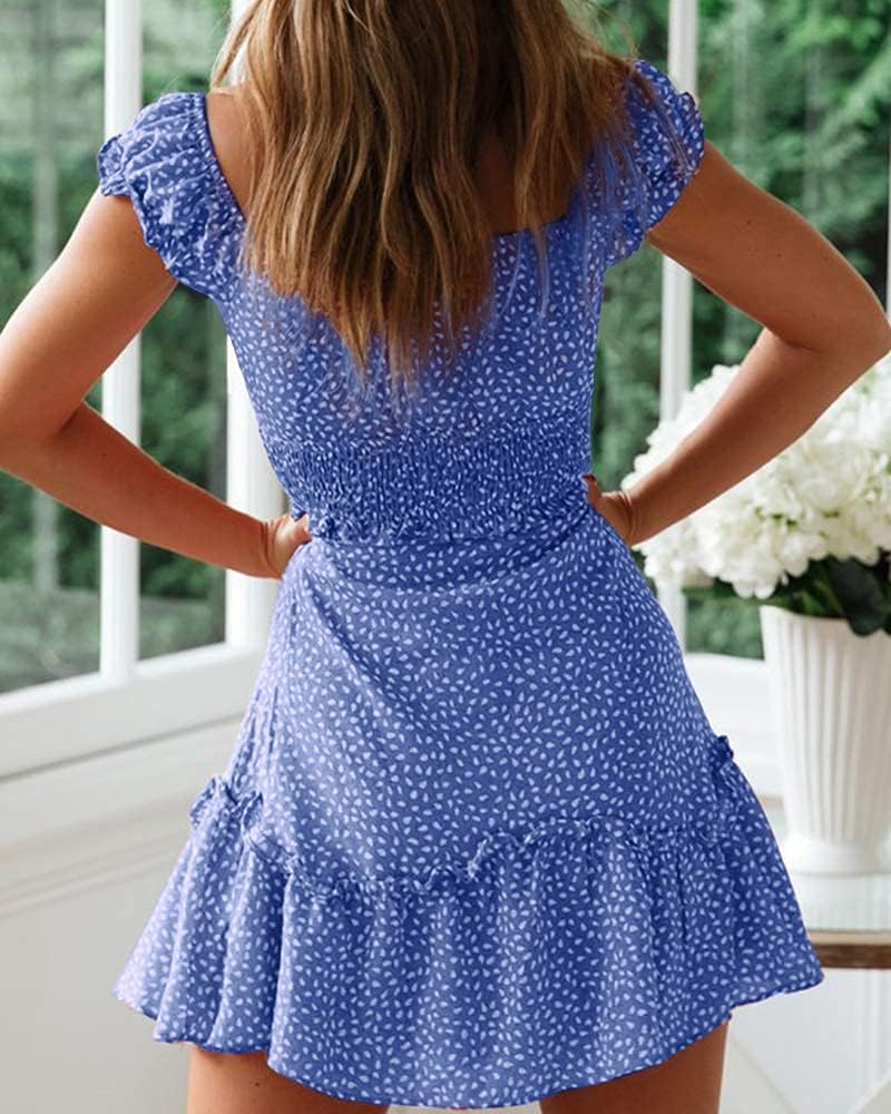 JoAnn Vestito Donna Mini Floreale – Collo a Cuore, Maniche a Volant, Vita Arricciata Estiva