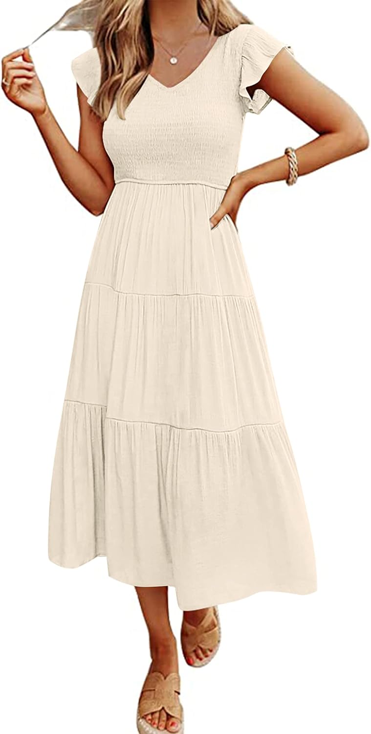Clara Vestito Midi Donna – Vestito Estivo Scollo a V Arricciato con Volant e Tasche Elegante