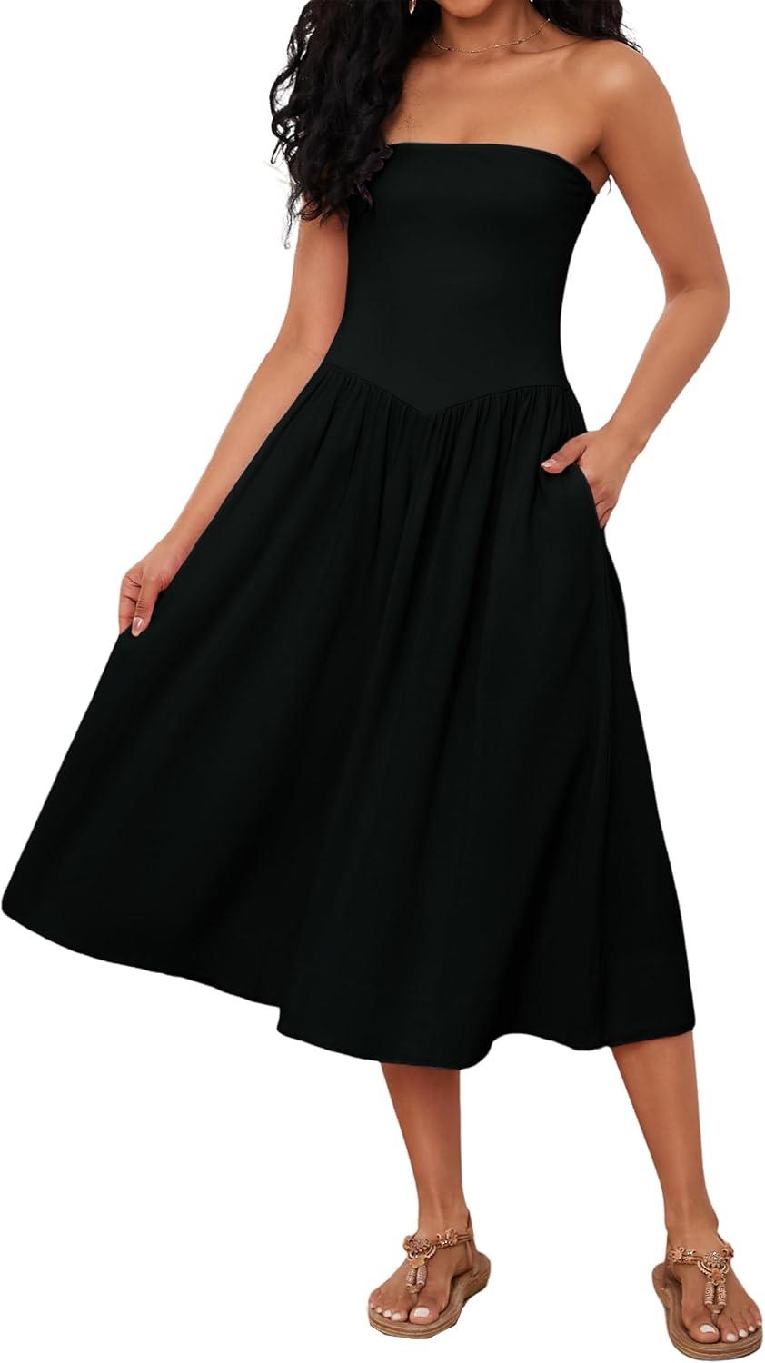 Vestito Midi Lina Donna – Vestito Bustier Senza Maniche Vita Bassa A-Line Estivo Chic