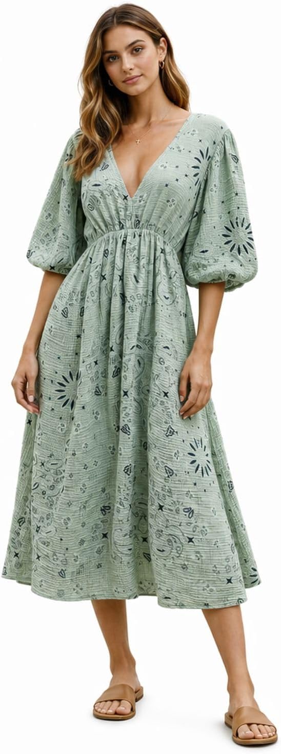 Giulia Abito Donna – Abito Midi Cotone Scollo a V Maniche 3/4 Taglio Fluido Bohemien Estate