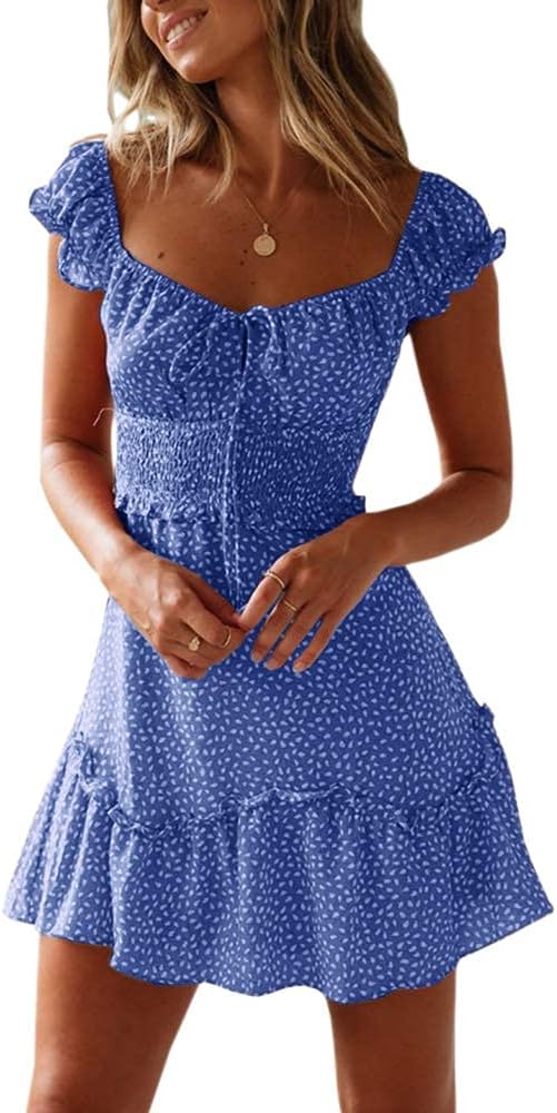 JoAnn Vestito Donna Mini Floreale – Collo a Cuore, Maniche a Volant, Vita Arricciata Estiva