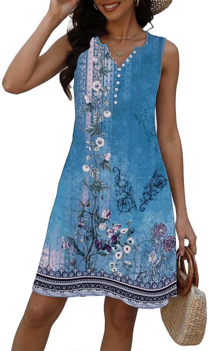 Lucie Abito Donna – Abito Bohemien Fiorito Scollo a V Senza Maniche A-Line Midi Estate