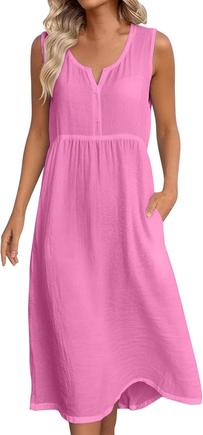 Anna Vestito Donna – Vestito Midi Lino Scollo a V Senza Maniche Tasche Taglio Fluido Estate