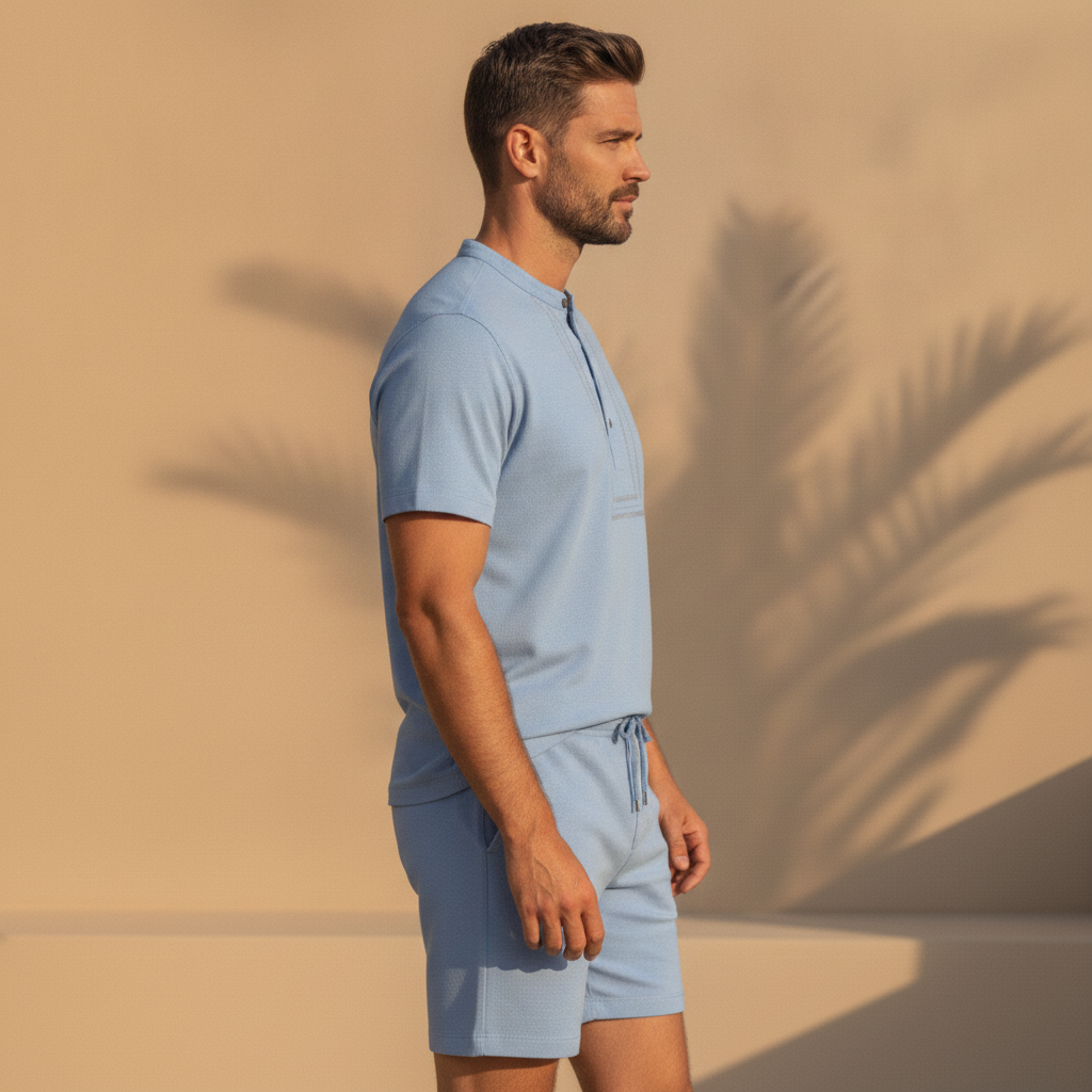 Completo Coordinato Uomo Camicia Chambray Ricamata e Pantaloncini - vista laterale