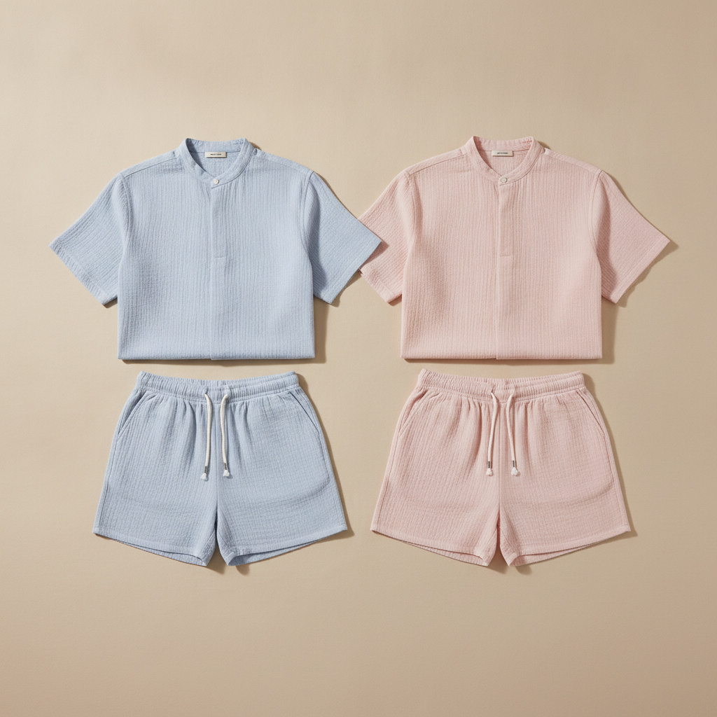 Completo Coordinato Uomo Camicia Mussola e Pantaloncini - Azzurro Polvere