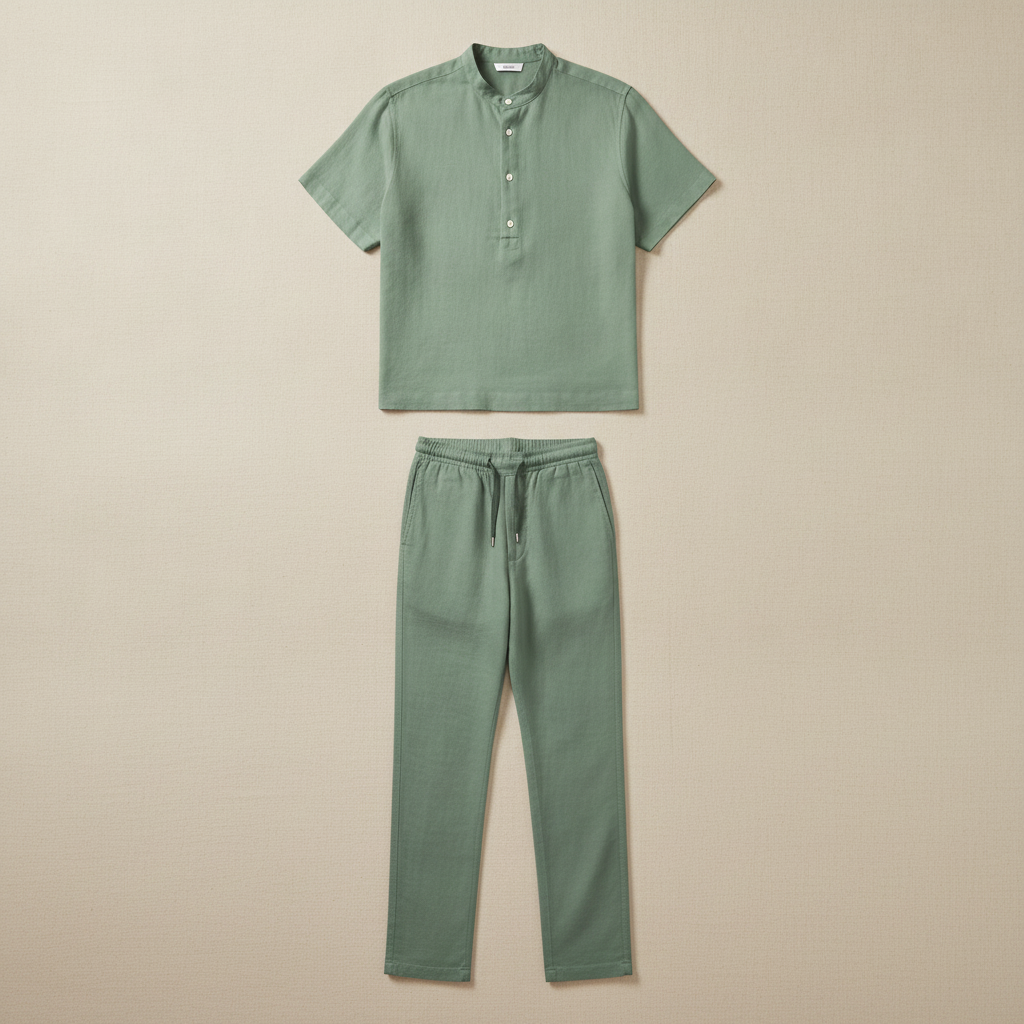 Completo Coordinato Uomo Camicia Lino e Pantaloni Lunghi - Verde Salvia