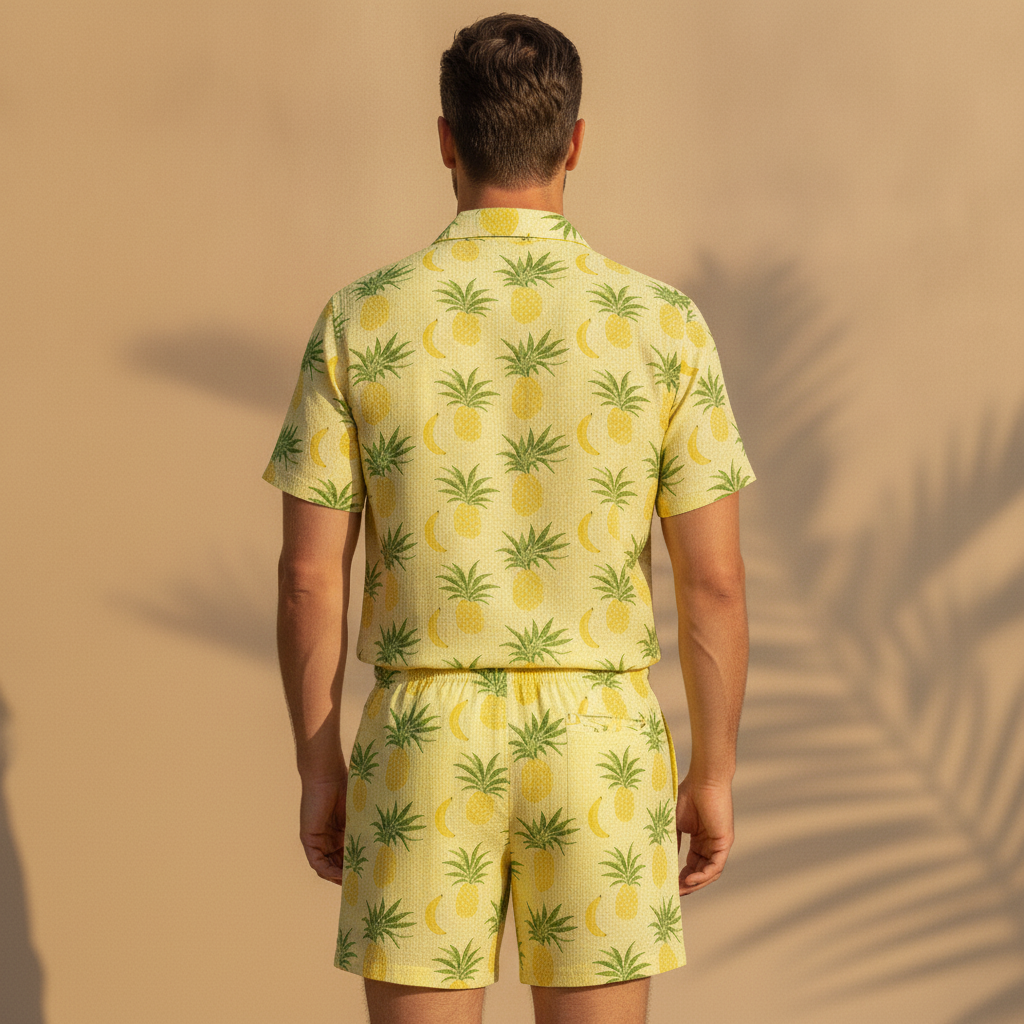 Completo Coordinato Uomo Camicia Stampa Frutti Tropicali e Pantaloncini - vista posteriore