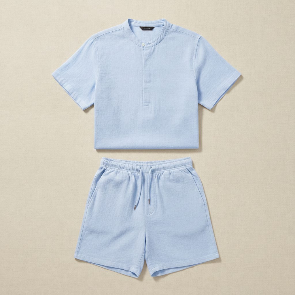 Completo Coordinato Uomo Camicia Fiammata Pastello e Pantaloncini - Azzurro Pastello