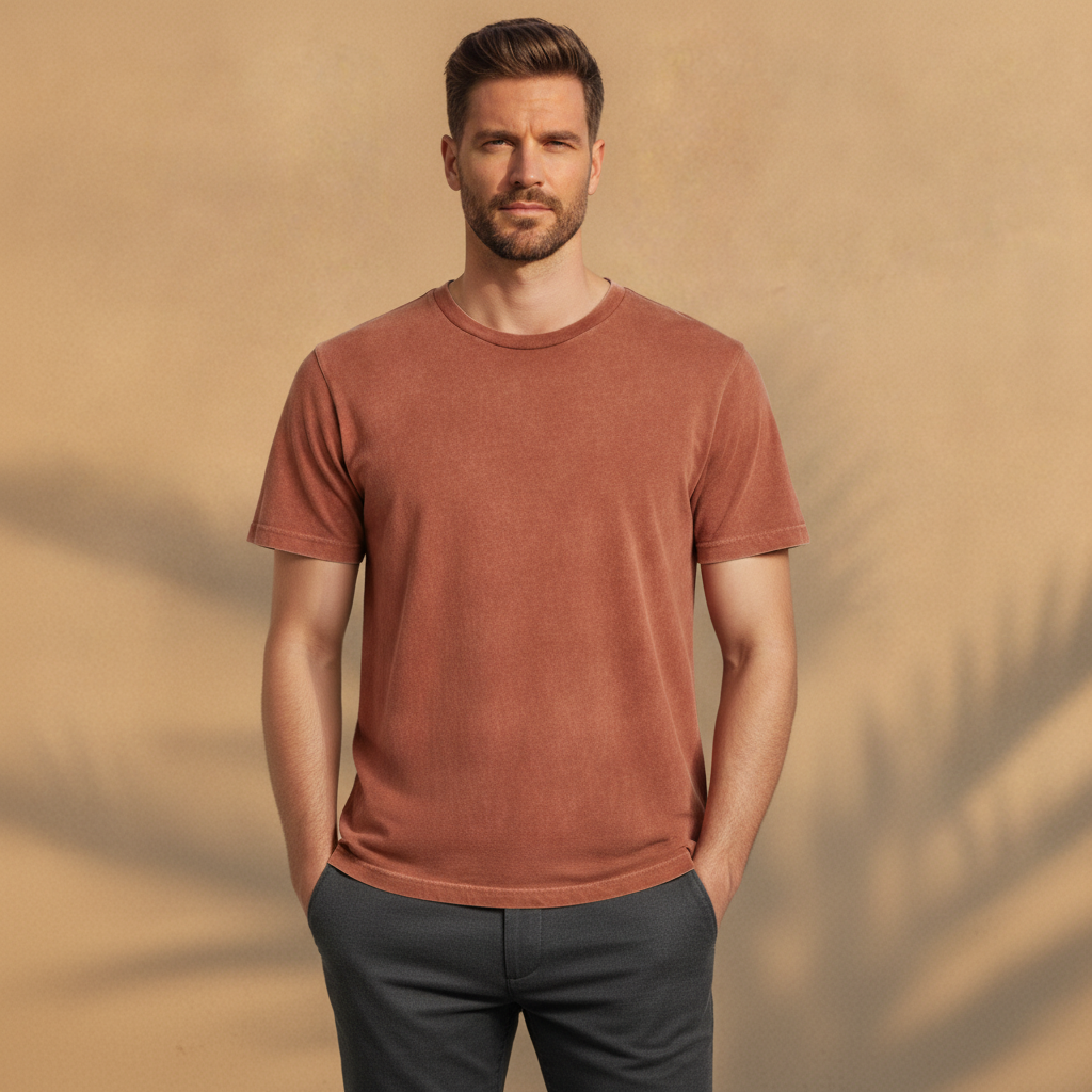 T-shirt Uomo Tinta in Capo Vintage – Colori Slavati Autentici - Blu Slavato - indossato