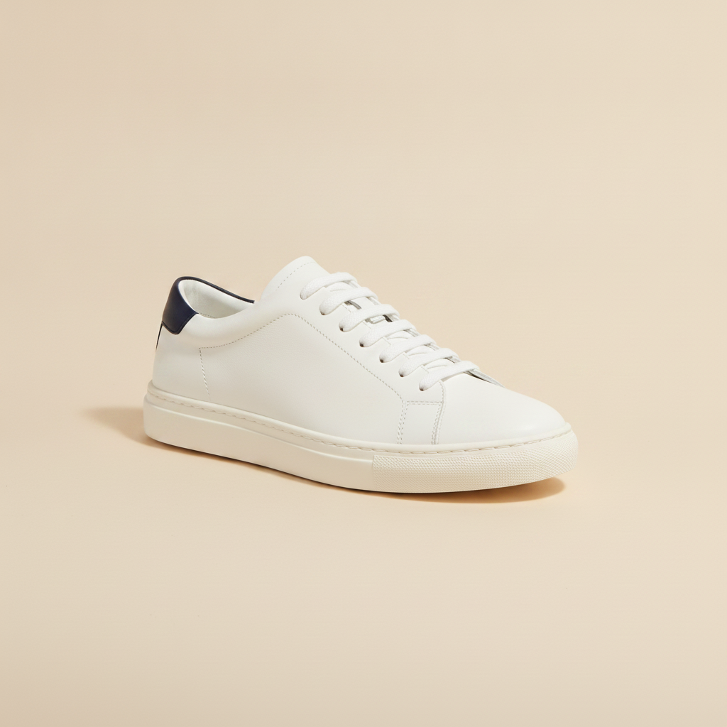 Sneakers Uomo in Pelle Bianca – Design Minimalista Casual Chic - Bianco con Navy