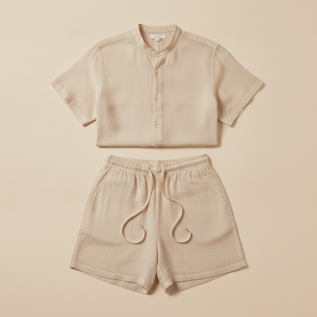 Completo Coordinato Uomo Camicia Voile Leggera e Pantaloncini - Beige Naturale