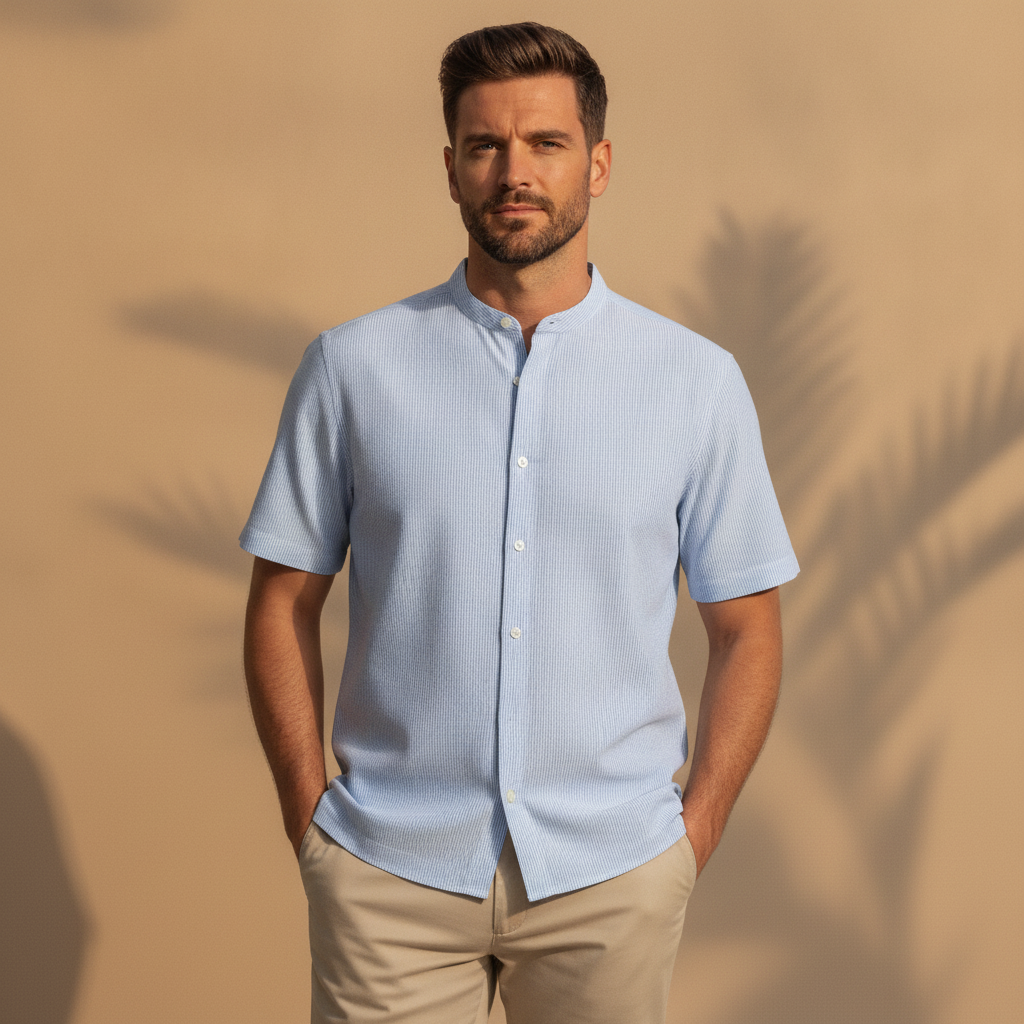 Camicia Uomo Effetto Seersucker – Fresca e Testurizzata Estiva - Azzurro e Bianco - indossato