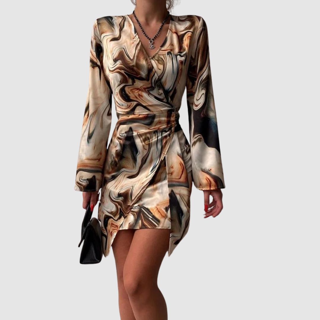 Abito portafoglio femminile di Jena - Stampa di testo, V in calo, eleganti maniche lunghe