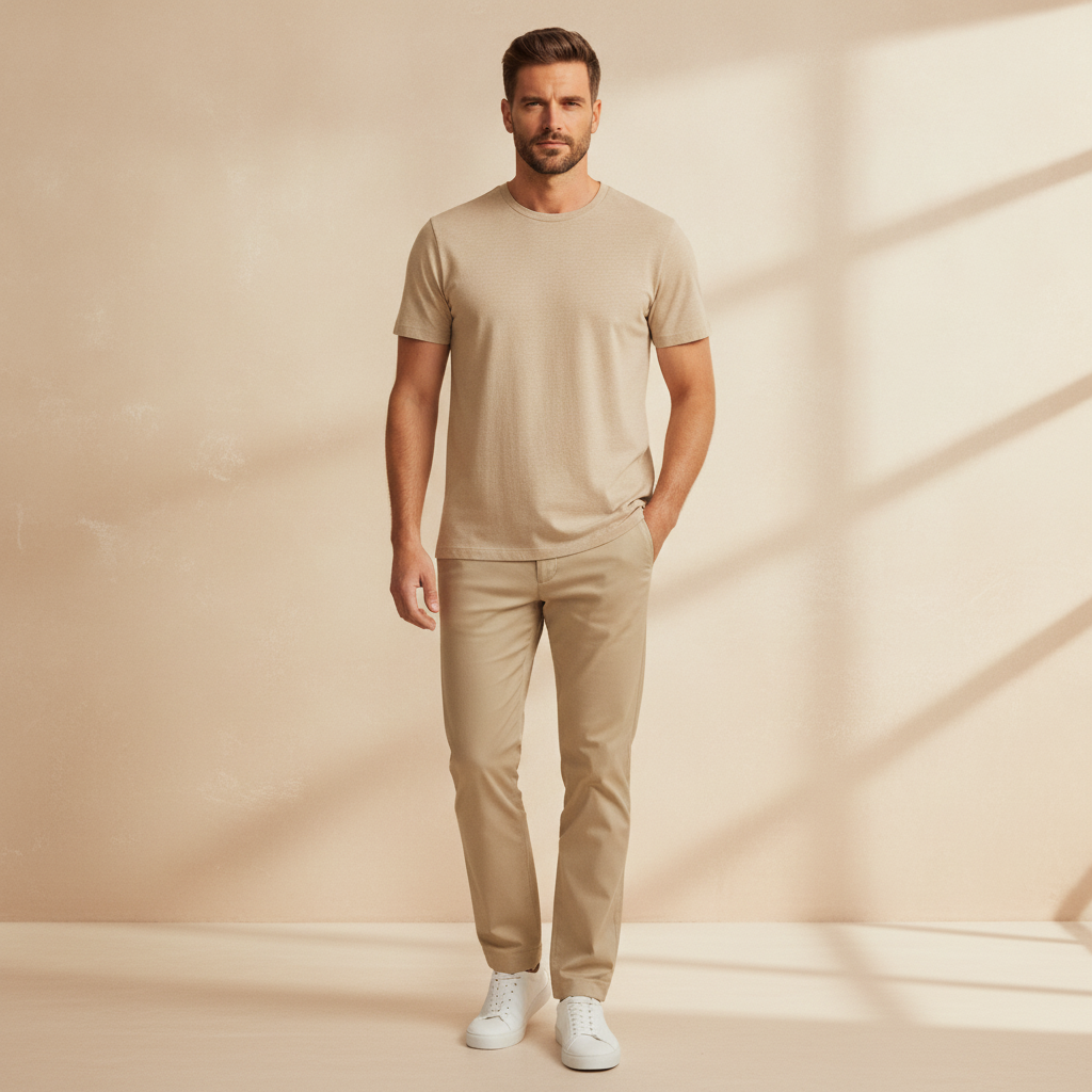 T-shirt Uomo in Misto Lino – Fresca e Traspirante Estiva - Bianco - indossato
