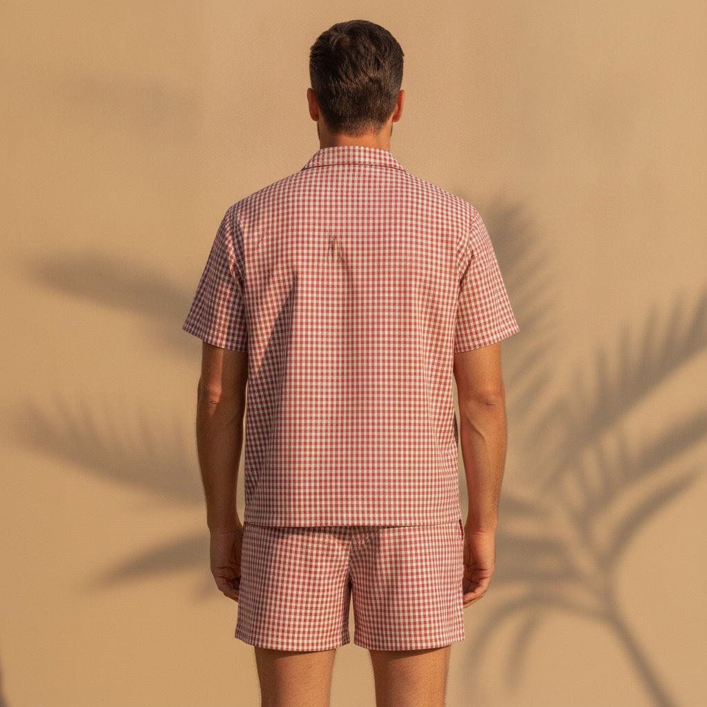 Completo Coordinato Uomo Camicia Quadretti Vichy e Pantaloncini - vista posteriore