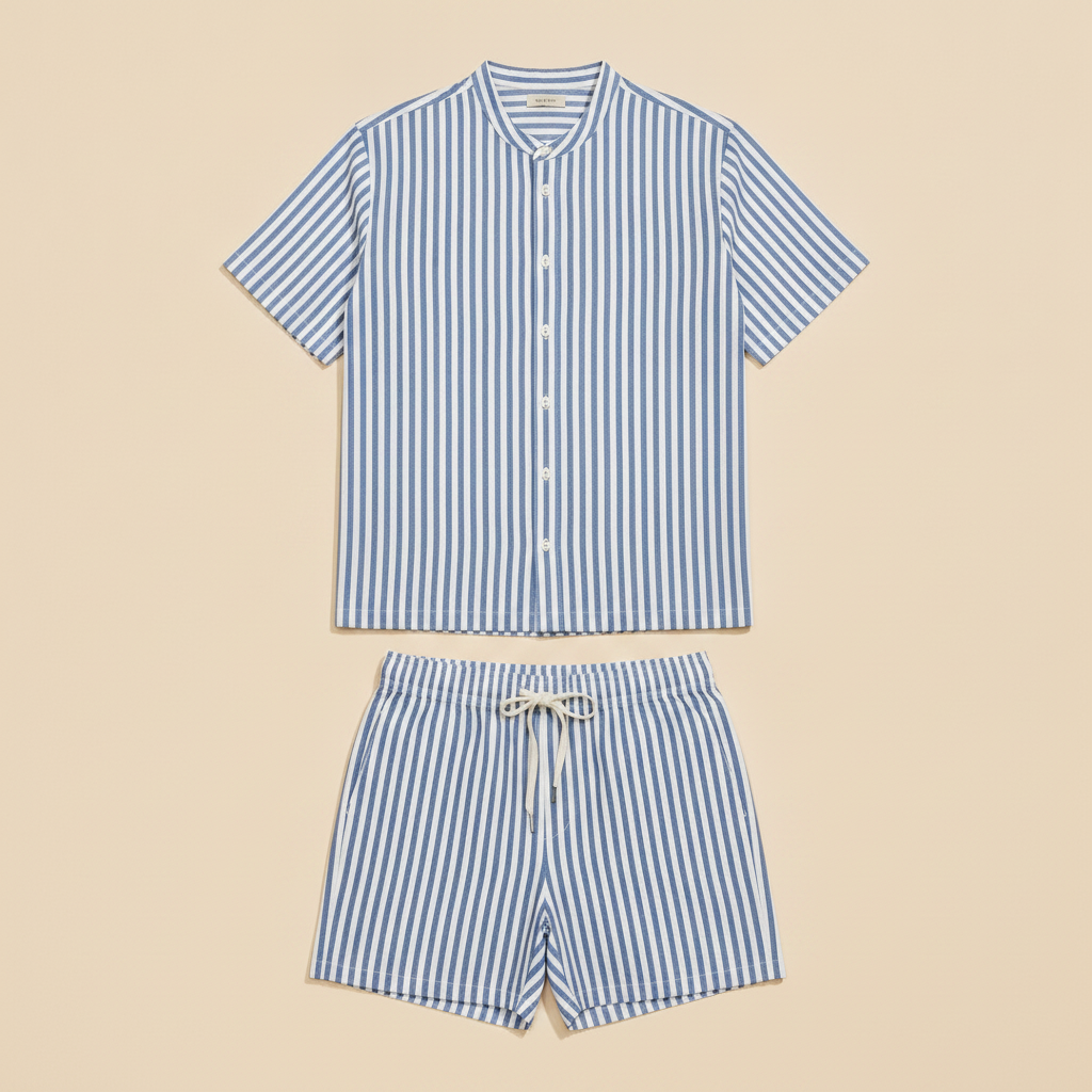 Completo Coordinato Uomo Camicia a Righe Verticali e Pantaloncini - Azzurro e Bianco