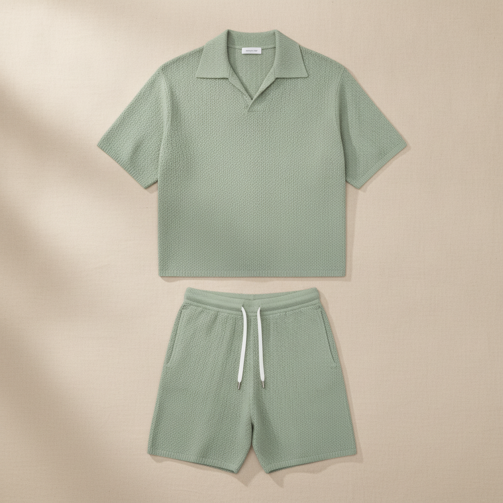 Completo Coordinato Uomo in Maglia Crochet e Pantaloncini - Verde Salvia