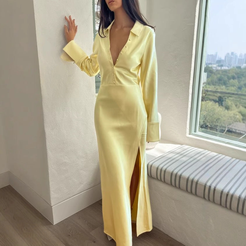 Abito lungo donna in raso, maniche lunghe