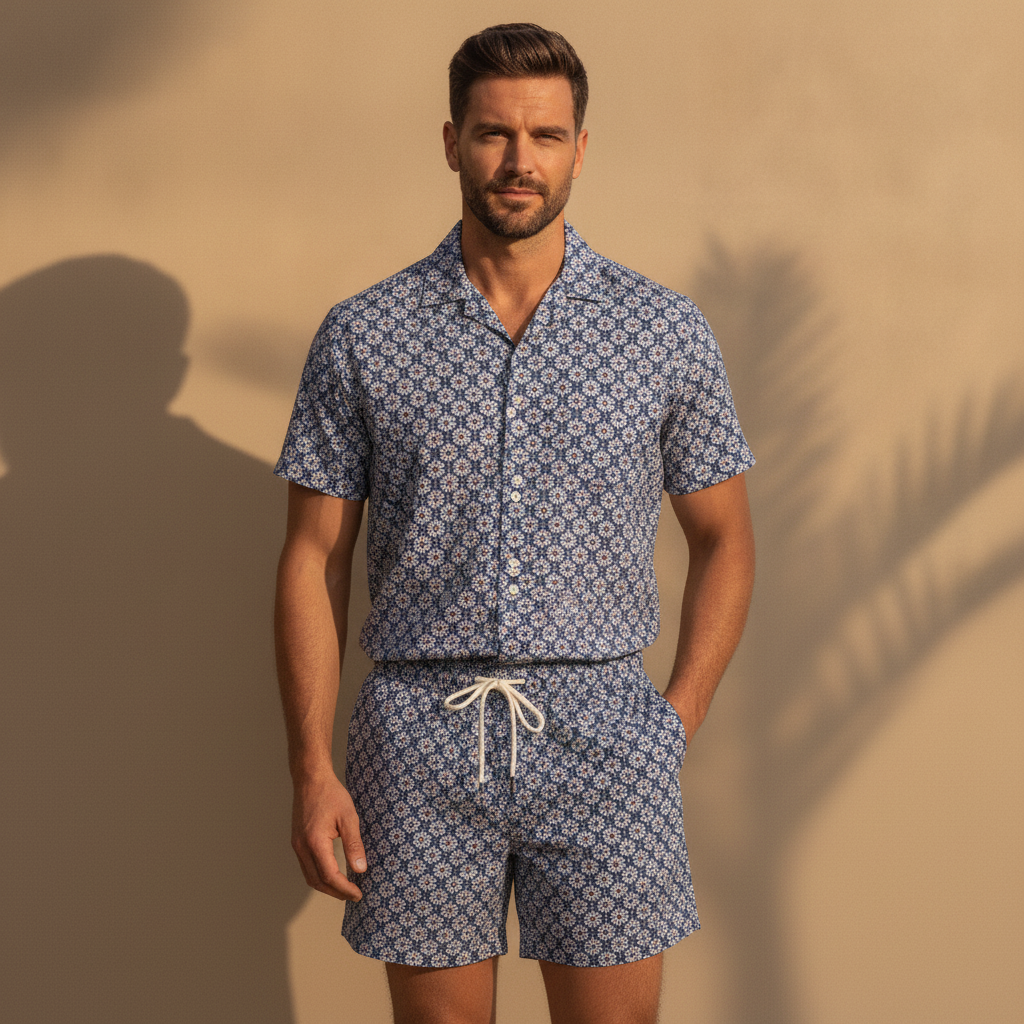 Completo Coordinato Uomo Camicia a Fiori e Pantaloncini - Fiori Navy - indossato