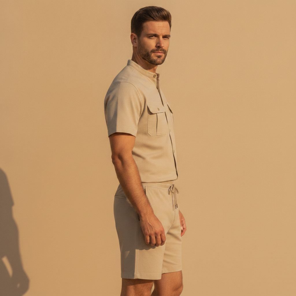 Completo Coordinato Uomo Camicia Safari Doppio Taschino e Pantaloncini - vista laterale