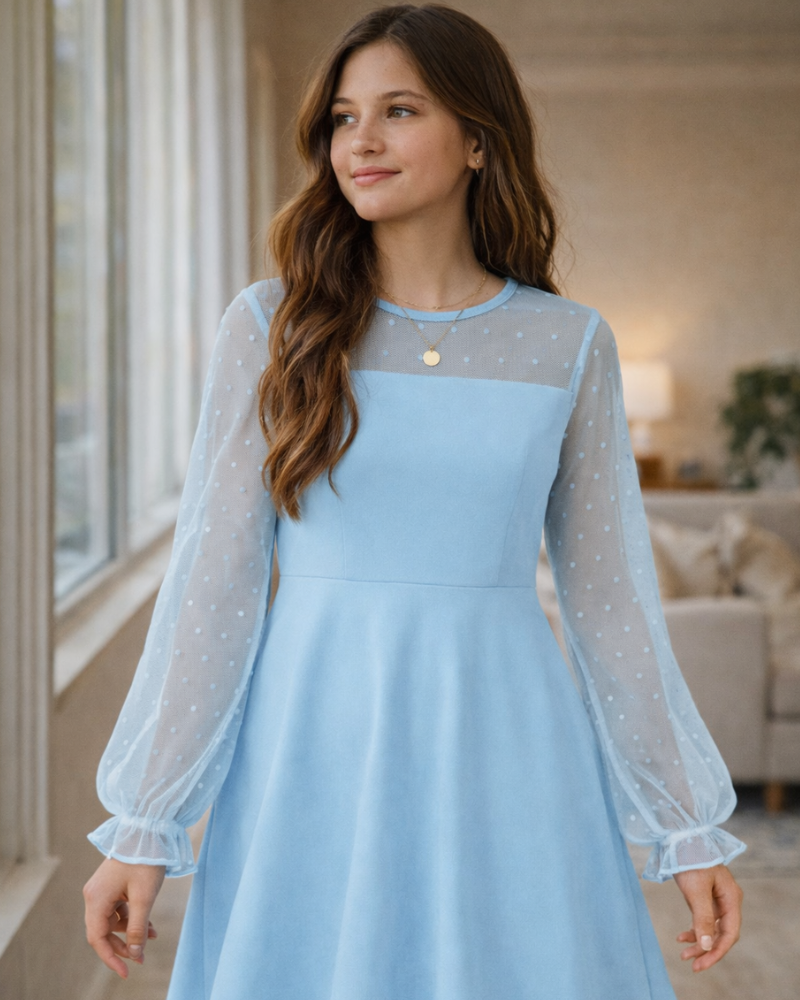 Vestito Aishi per Ragazza – Maniche Lunghe in Mesh, Taglio A-Line e Vita Alta con Tasche