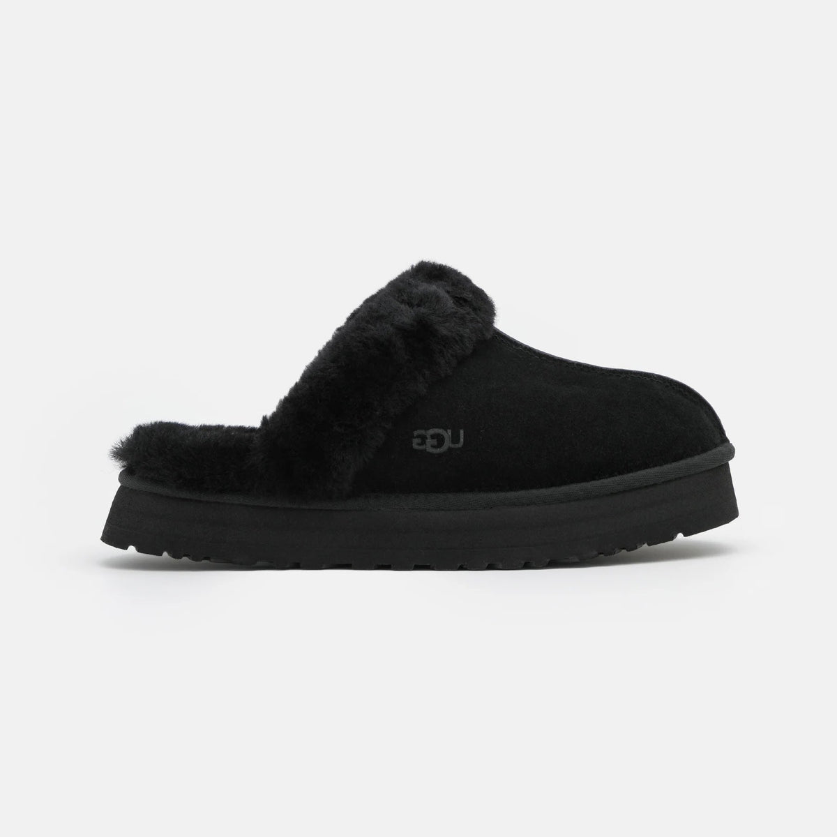 UGG Disquette Black sabot donna in pelle scamosciata e montone nero, vista laterale