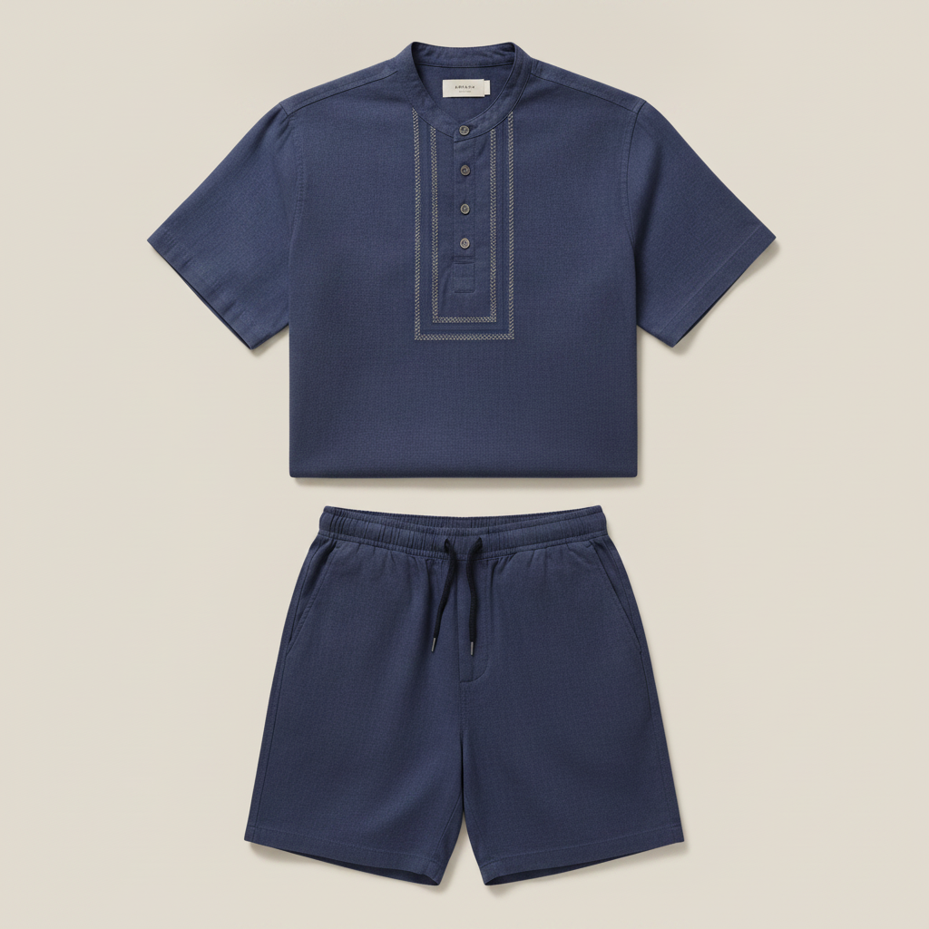 Completo Coordinato Uomo Camicia Chambray Ricamata e Pantaloncini - Indaco