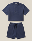 Completo Coordinato Uomo Camicia Chambray Ricamata e Pantaloncini - Indaco