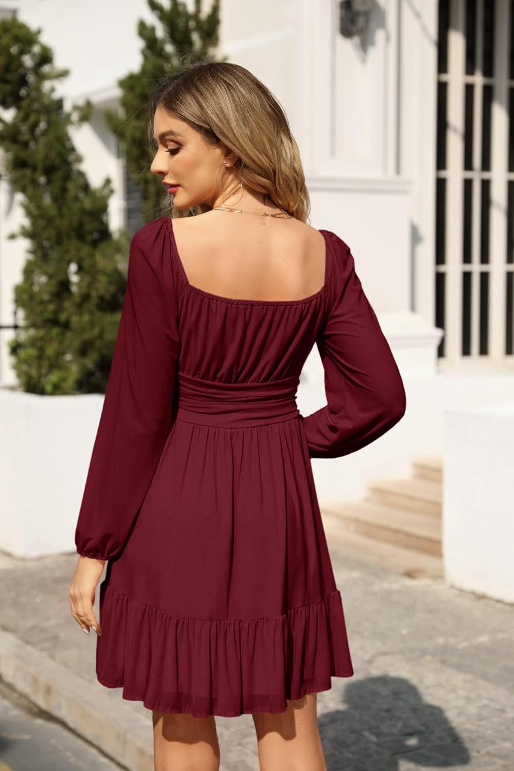 Élodie Abito Lungo Donna – Abito Elegante con Scollo Quadrato, Volant e Maniche Trasparenti