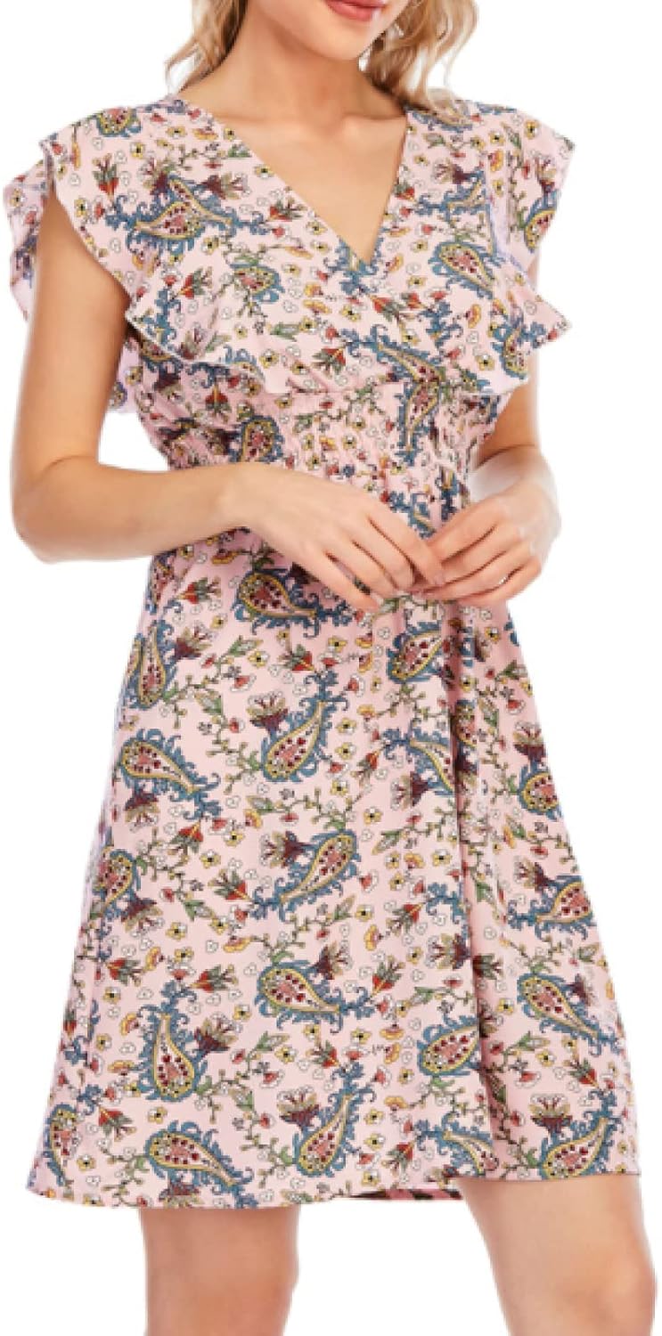 Chloé Abito Mini Donna – Abito in Mussola Floreale con Scollo a V, Volant, Senza Maniche Rosa