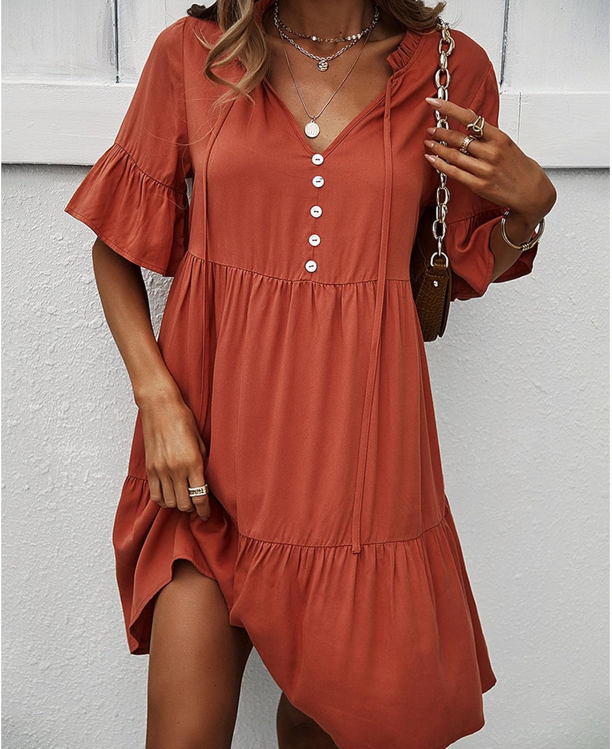Vestito Emma Donna – Abito A-Linea Scollo a V Volant Maniche Corte Elegante Estate