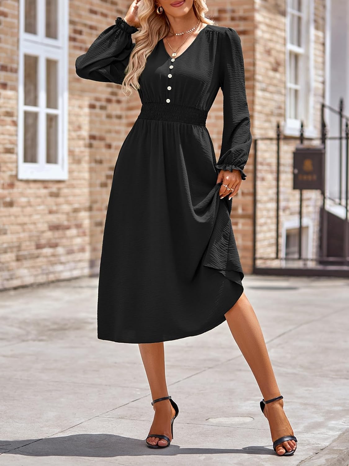 Vestito Emma Donna Midi – Vestito Scollo a V Maniche Lunghe Vita Alta A-Line Elegante