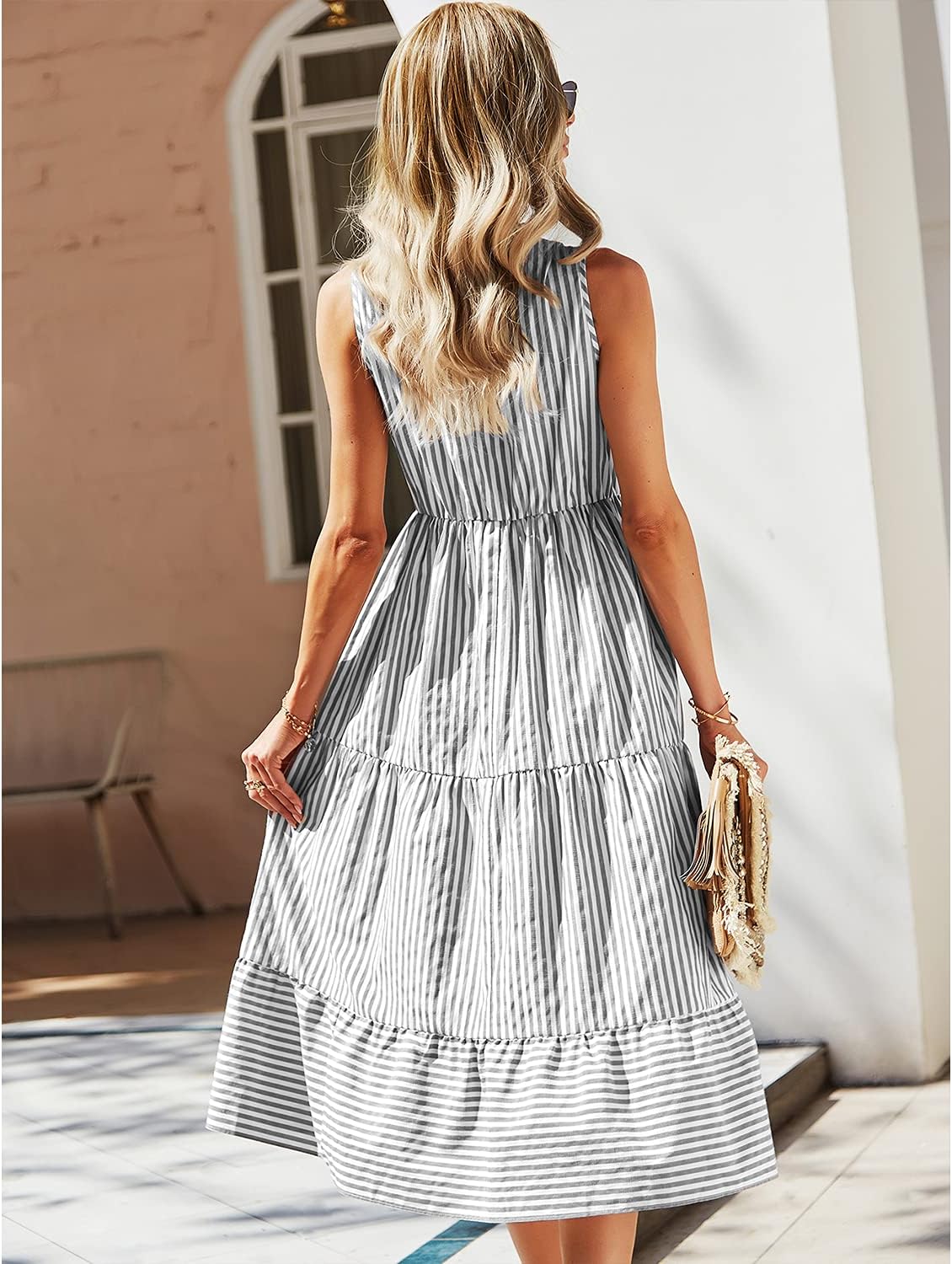 Claire Vestito Camicia Midi Donna – Vestito a Righe Senza Maniche con Scollo a V e Bottoni Elegante