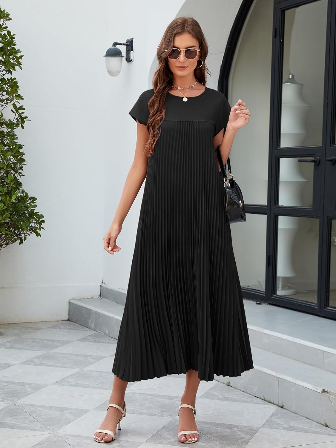 Vestaglia Lunga Donna Ginny – Plissettata, Collo Tondo &amp; Tasche, Taglio Fluido, Estate Elegante