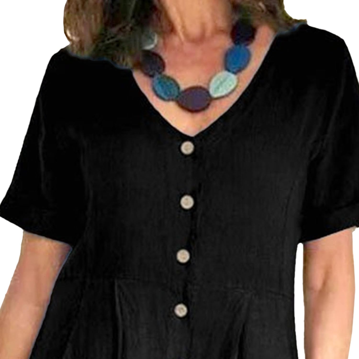 Vestito lungo da donna Glaiza in lino – Scollo a V, con bottoni, maniche corte, taglia grande, estate
