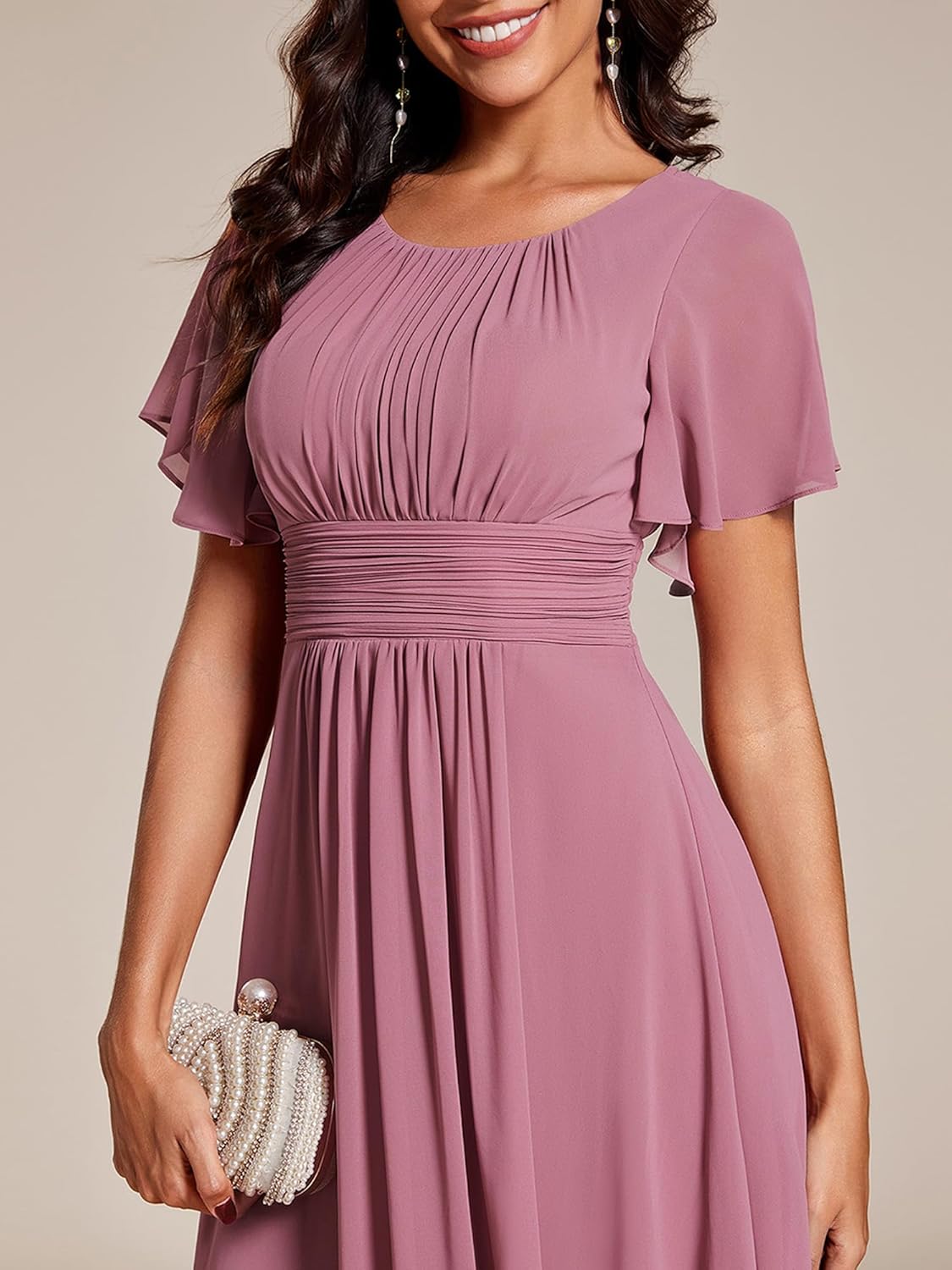 Sophie Abito Donna Midi – Abito in Mussola con Collo Tondo e Vita Plissettata Elegante per Matrimonio