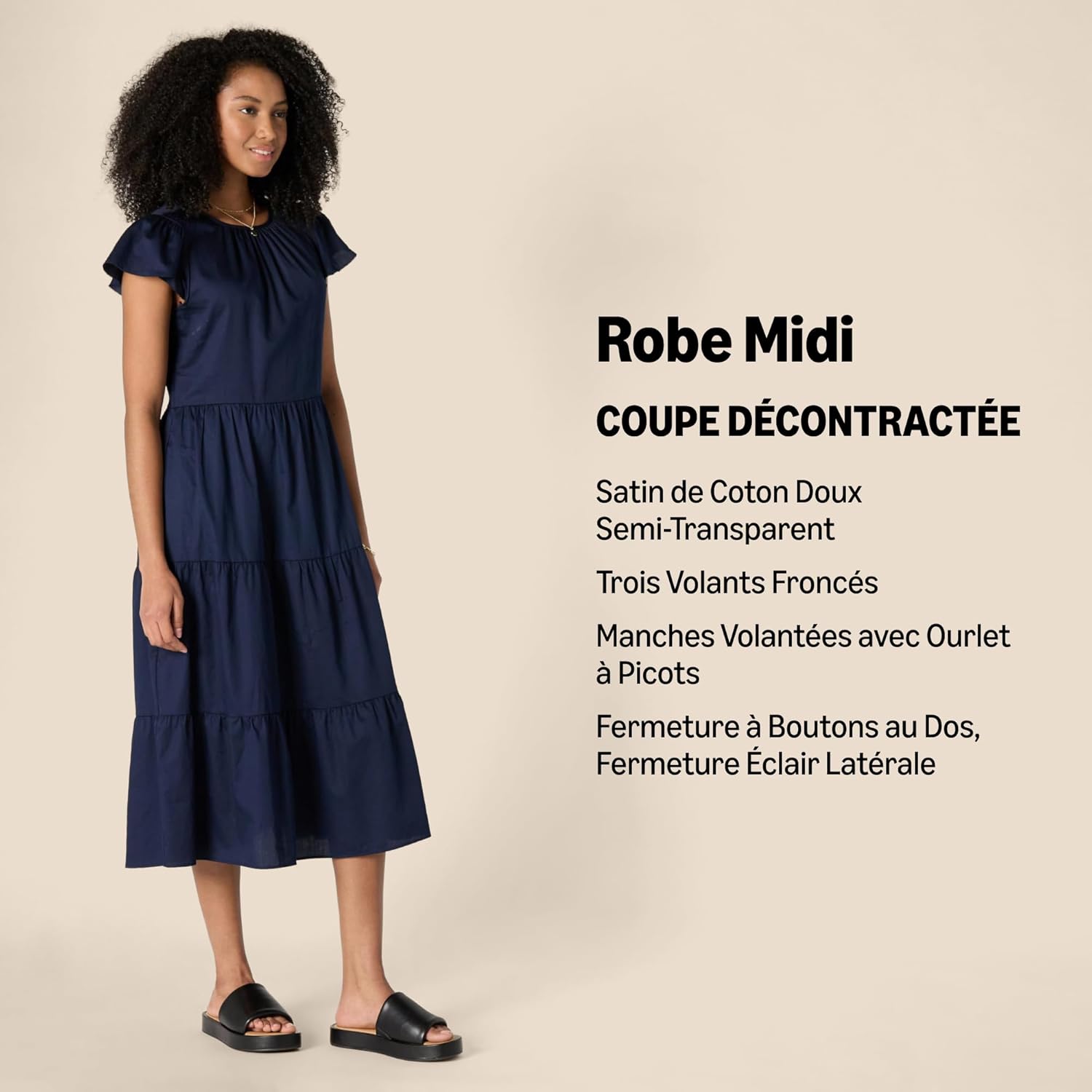Vestito midi da donna Lucie in cotone satinato – Vestito volanté con collo rotondo